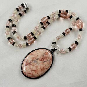 Crystal bead necklace with large pink Agate oval cabochon pendant